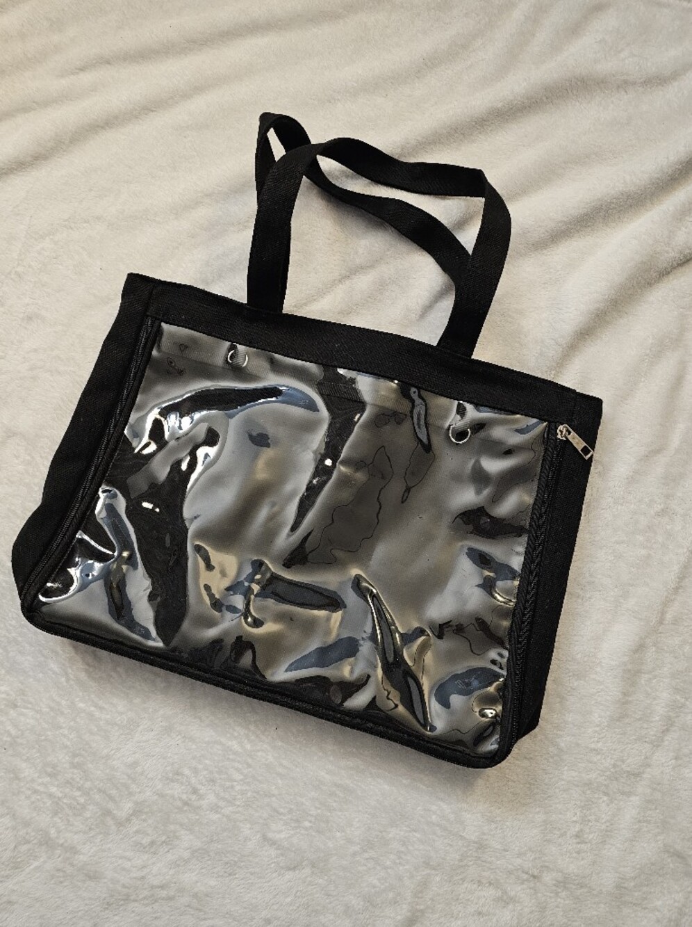 Black Fabric Tote with Clear Front Pocket